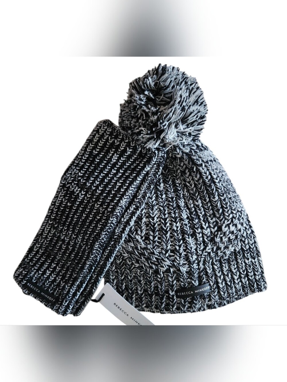 Rebecca Minkoff NWT Marled Beanie & Arm Warmer Set The Black and White Marbled